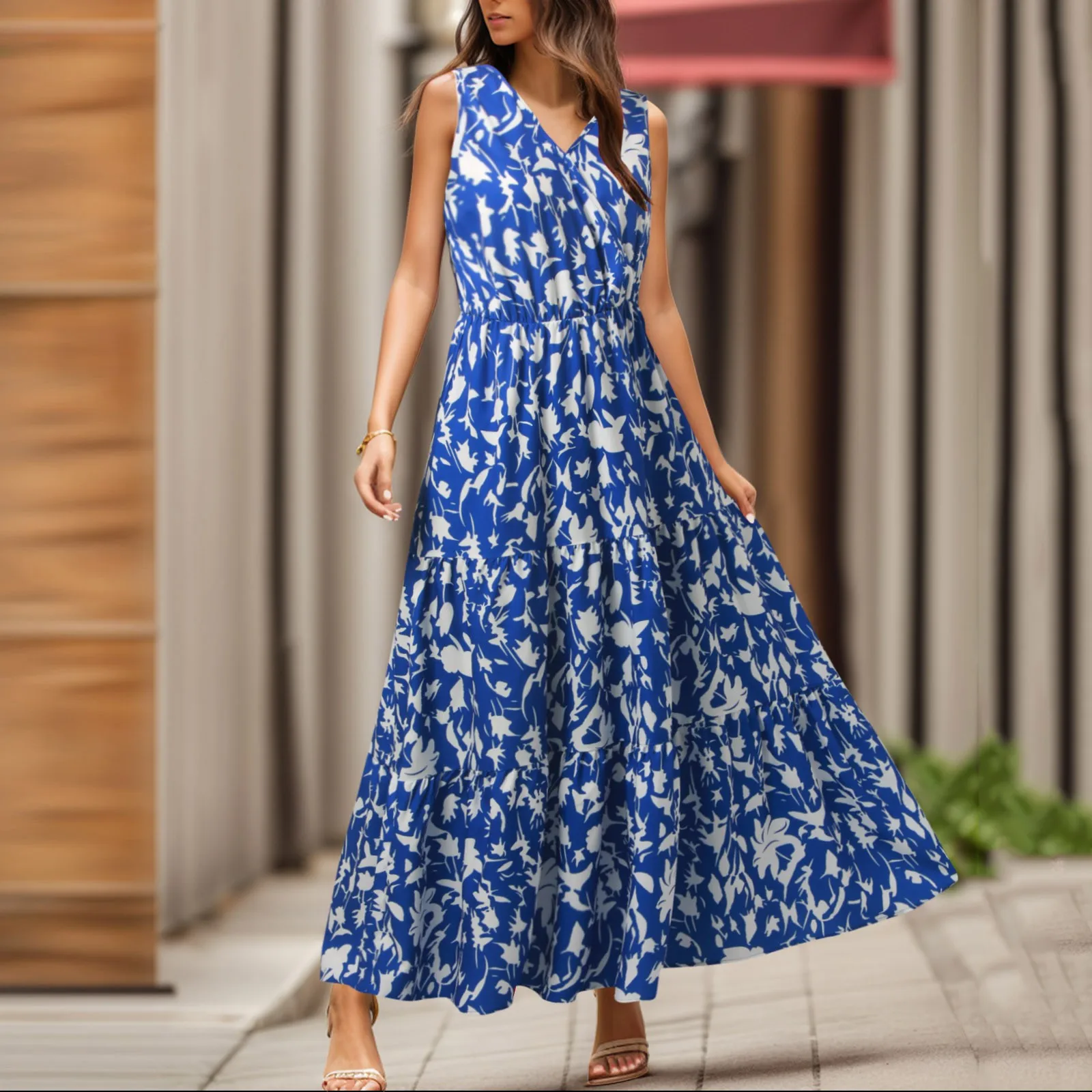 

Women‘s Bohemian Beach Printed Long Dress Summer V-Neck Sleeveless A-Line Maxi Dress Female Slim Waist Dresses Holiday Vocation