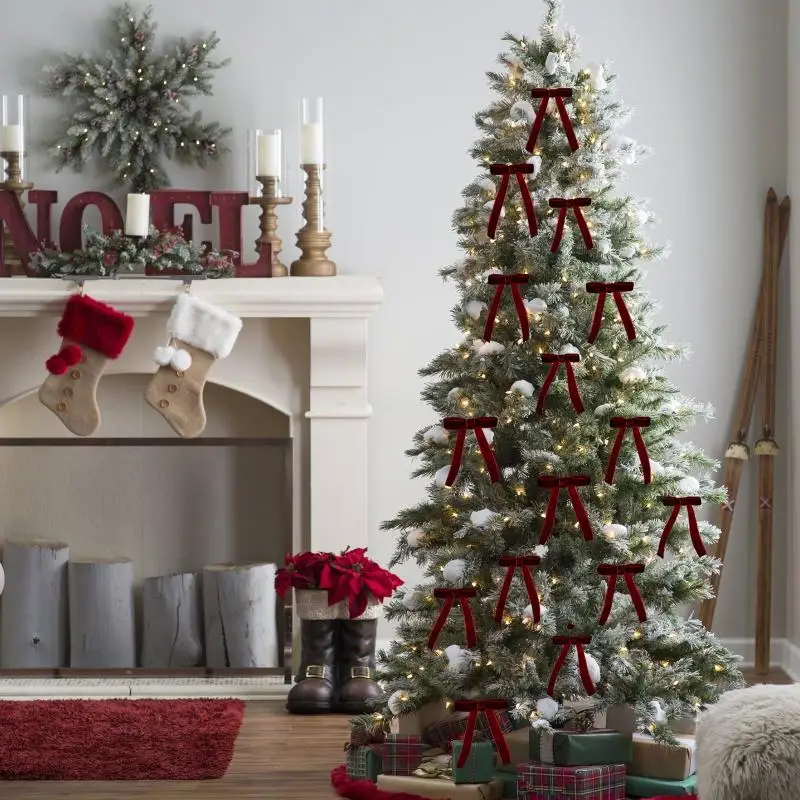 6Pcs Velvet Christmas Tree Bows Vintage Ribbon Tree Topper Bows Ornaments For Staircase Garland Home DIY Crafts Decorations