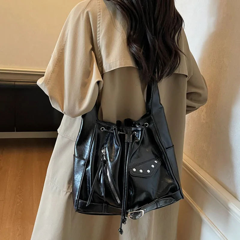 New Korean Version Women'S Drawstring Large Capacity Bucket Bag Autumn And Winter Tote Bag Casual Shoulder Bag Crossbody Bag
