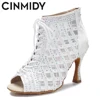 CINMIDY White Latin Dance Boots Samba Salsa Ballroom Dance Shoe Woman Soft Sole Latin Dance Shoe Ladies Mesh High Heel Boots 9CM 1