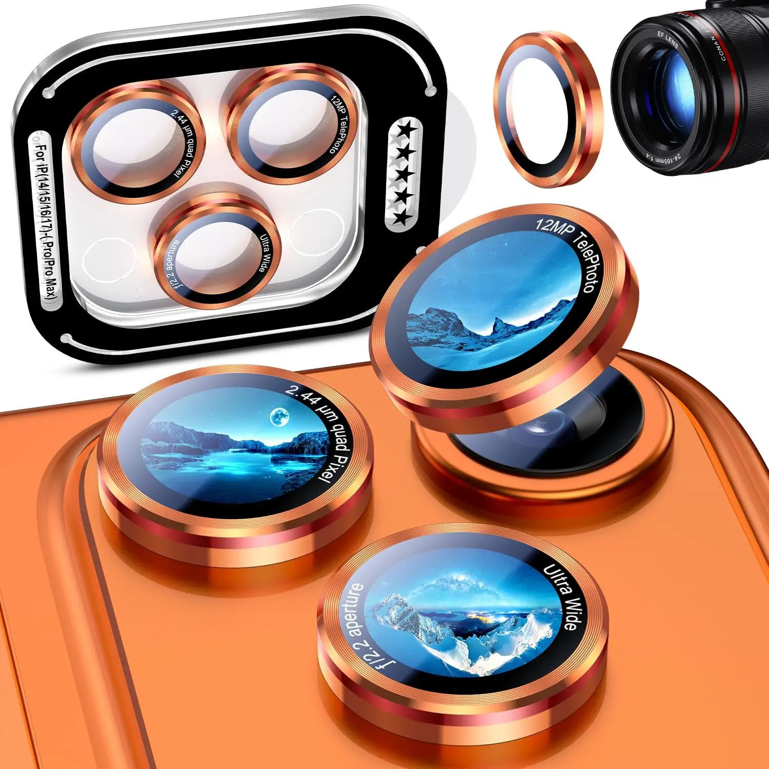 Vibrant Orange Camera Lens Protector Cover with Tempered Glass and Metal Phone Protection