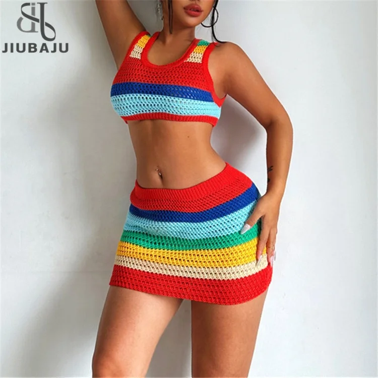 

Women's Stripe Knitted Two Piece Set Strap Lace-up Camisole +Hip Slim Mini Skirt
