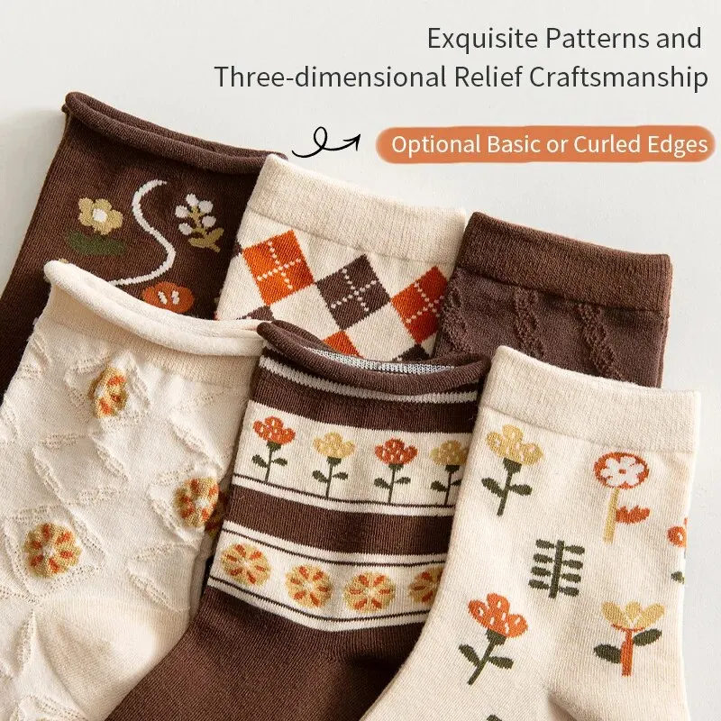 6 Pairs of Spring Summer Women Is Medium Socks Hose Khaki Vintage Flower Diamond Plaid Stripe Sweet and Comfortable 3