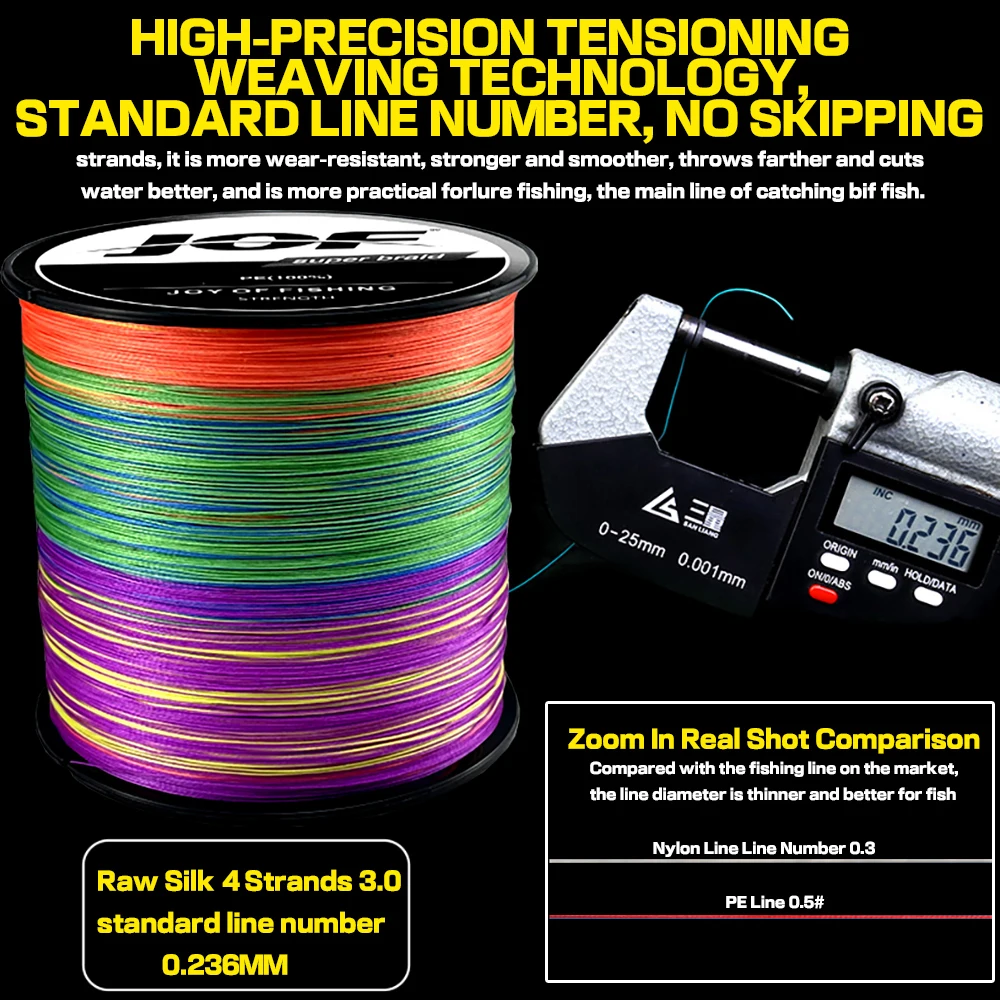 JOF PE Braided 4 Strands Fishing Line 100M Multifilament Wear-resistant 0.11-0.50mm Strong Pull Sea / Wild Carp Fishing 10-80LB