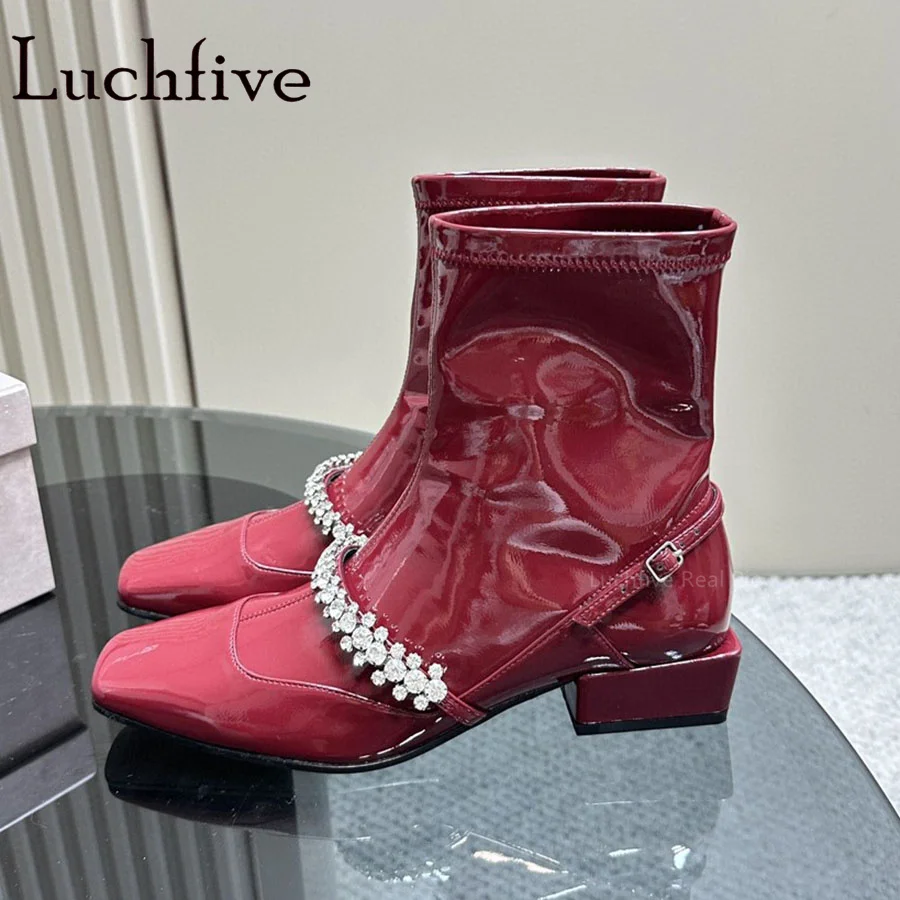 

2023 Autumn Winter New Sliver Shiny Med Heels Short Boots Pointed Toe Leather Crystal Boots Brand Female Boots