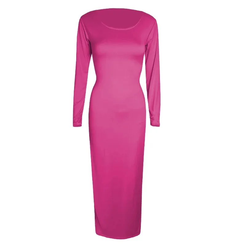 B106 round neck long sleeve dress Rose Red