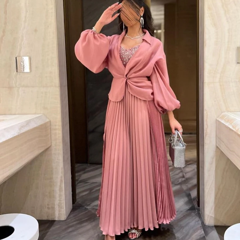 

Qcenkern V-Neck Satin Backless Evening Formal Saudi Arabia Puffy Sleeves Pleated Party Dresses Gowns Women Robes de Soirée 2023