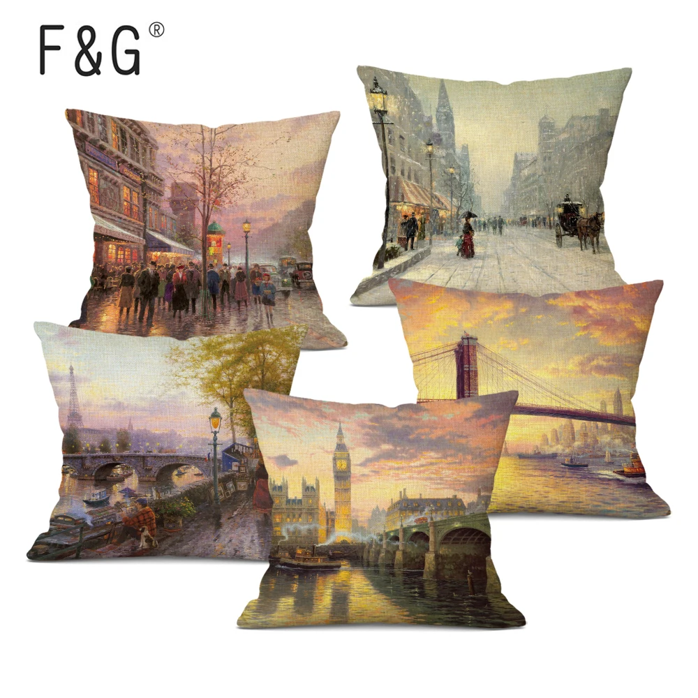 

City Landscape Oil Painting Art Cushion Cover Beautiful Countryside Autumn Winter Art Decor Pillow Cover Sofa Throw Pillow Case