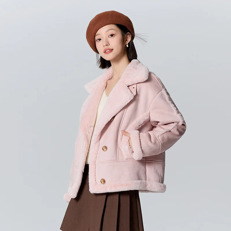 Semir Jacket Women Faux Suede Faux Rabbit Fur Warm Winter Lapel Motorcycle Style Retro Loose Jacket faux fur jacket