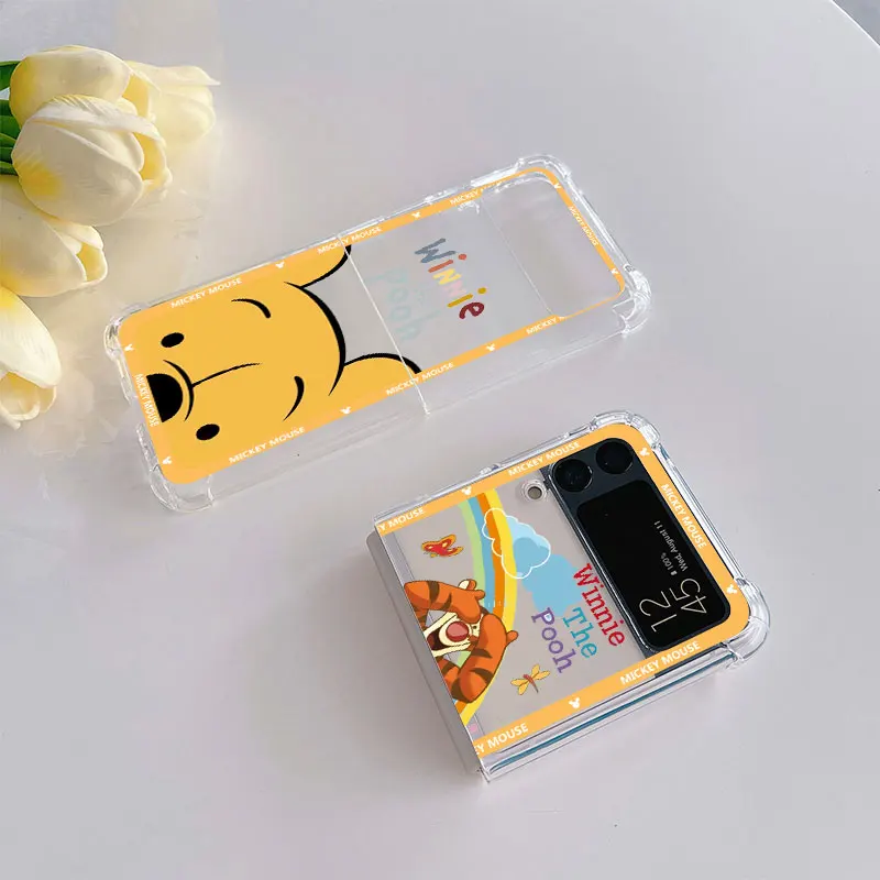 AirBag Case For Samsung Galaxy Z Flip 4 3 5G Clear PC Hard Phone Cover ZFlip3 ZFlip4 Shockproof Shell Winnie The Pooh Fundas Sac