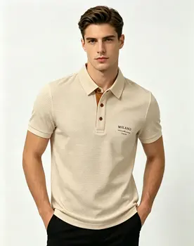 Polo da Uomo Milano Italia con Lettere Jacquard, Tessuto Traspirante ad Asciugatura Rapida, Casual Business per Esterni e Uso Quotidiano, Manica Corta