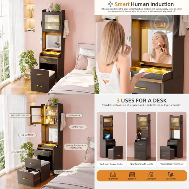 Gurexl 3-in-1 Vanity Desk with Human Sensor LED Lighting, Tall Makeup Vanity Set featuring 2 AC Outlets and USB-C Port