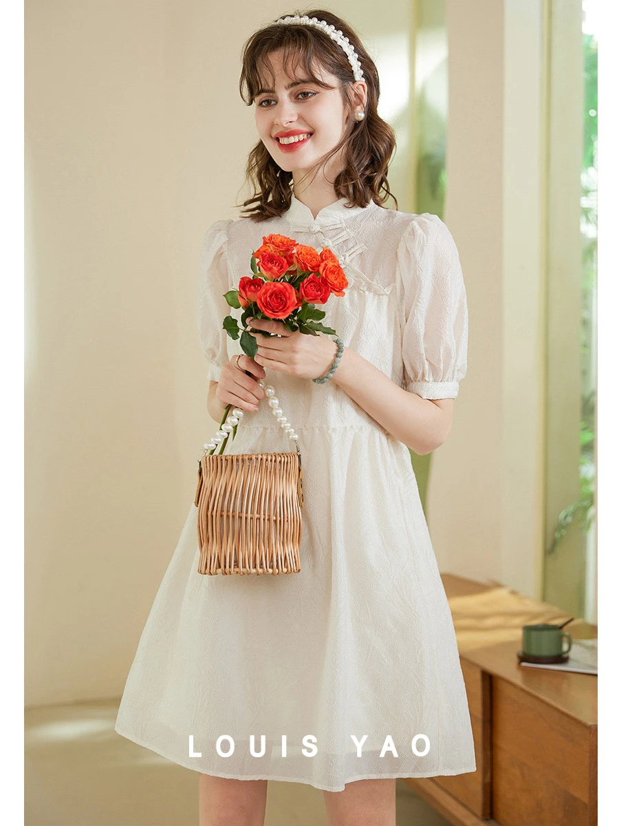 

LOUIS YAO Dress 2024 Summer Chinese Style Reformed Cheongsam Elegant Stand Collor Short Sleeve A-line Short Dress