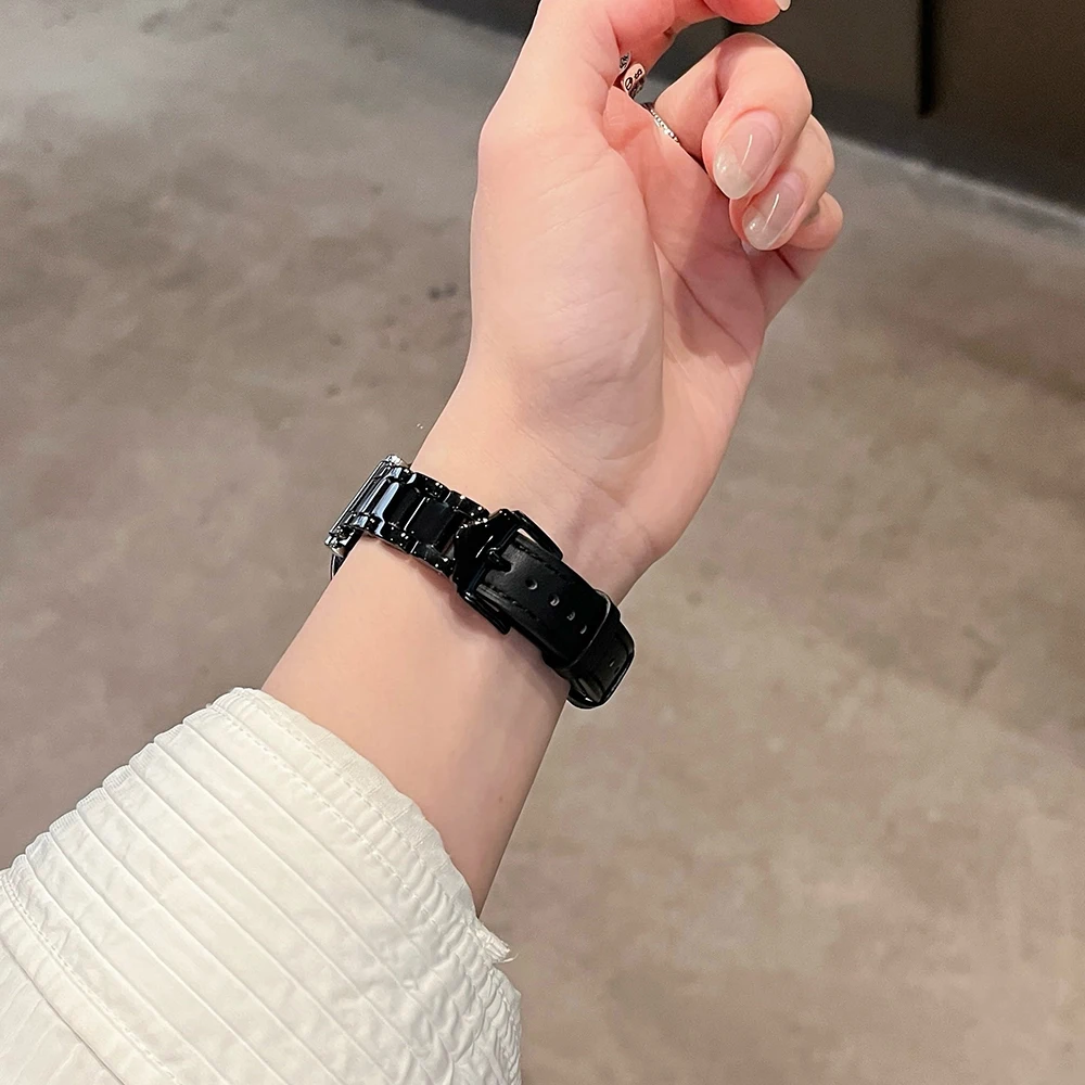 Luxury Slim Black Ceramic Beaded Leather Strap Bracelet