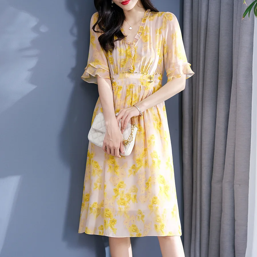 

Birdsky, 1PC Women dress ruffles V neck & cuff beading waist 100% real mulberry silk yellow floral print, S-721