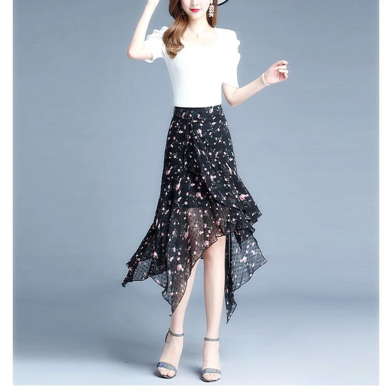 Fashion zipper Printed Asymmetrical Chiffon Floral Skirts Women's Clothing 2024 Summer New Loose Irregular High Waist Skirts