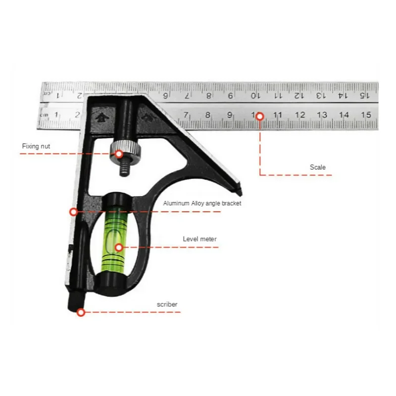 Carpenter Measuring Tool 300mm Stainless Steel Angle Combination Square Ruler Mobile Horizontal Movable 45Degree Right Carpenter Woodworking Level Moving
