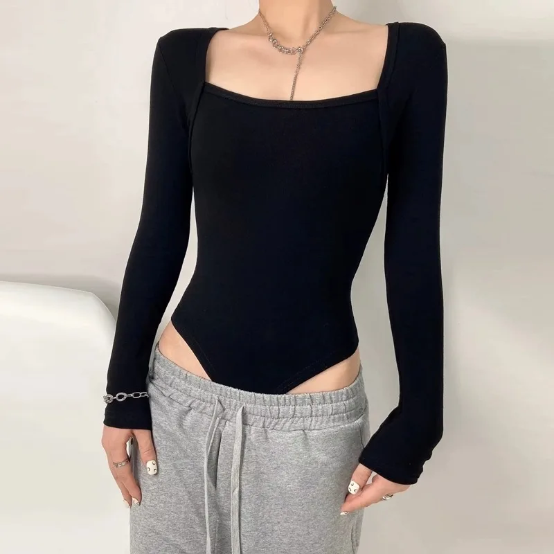 Square neck long sleeve one-piece women's T-shirt flat shoulder stretch slim fit