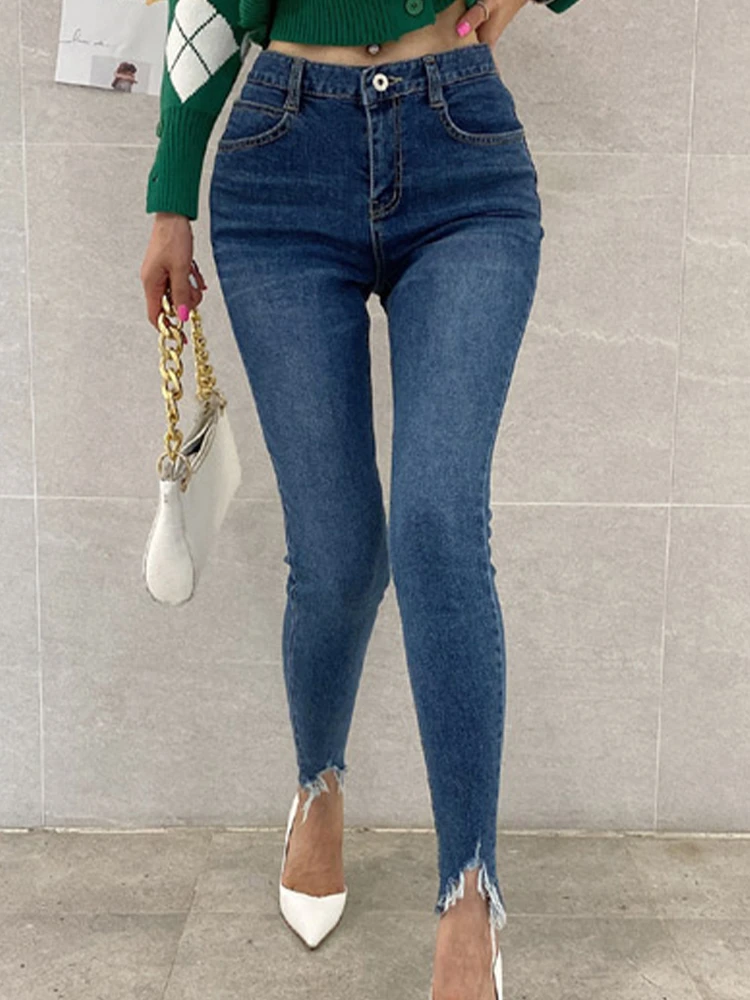 Stretch High Waist Casual Jeans Women's 2022 Summer Hot Sale Korean New Slender Raw Edge Skinny Pants Woman Clothes Xs Size flare jeans