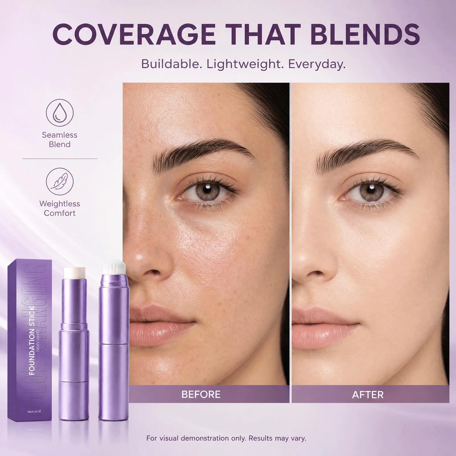 2-in-1 Color Changing Foundation Stick Natural Flawless Finish Lightweight Smooth Face Makeup Buildable Coverage for All Skin