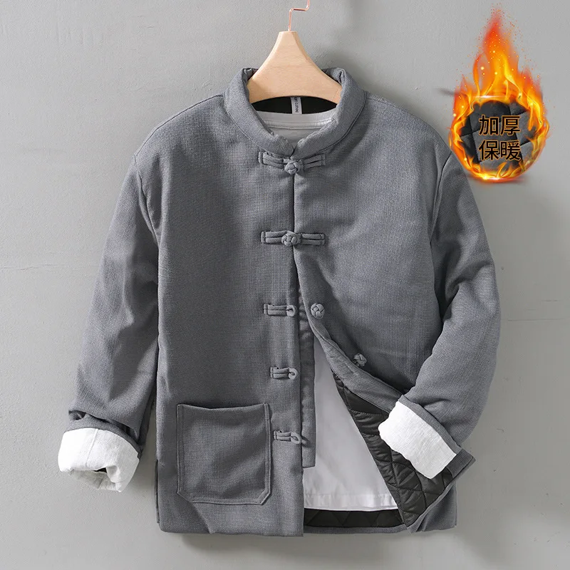 L112 Chinese Vintage Style Men Cotton Linen Padded Coats Winter Fashion Solid Color Stand Collar Thicken Lining Warm Jacket Tops