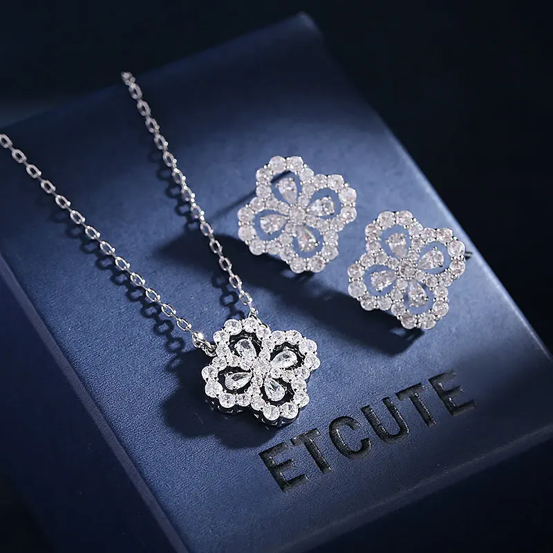 

light luxury niche design earrings clavicle chain zircon inlaid four-leaf flower necklace earrings set women jewelry LYJ073