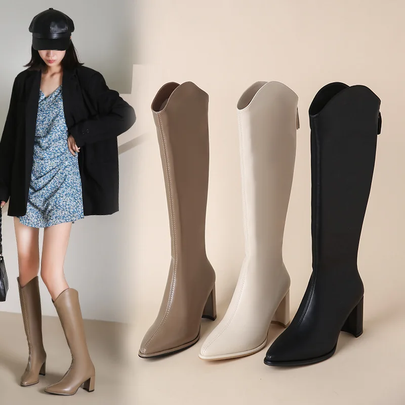 New Knee High Mid Heels Fashion Chelsea Boots Women Shoes Winter High Boots Chunky Goth Knight Boots Mujer Zapatos 2023