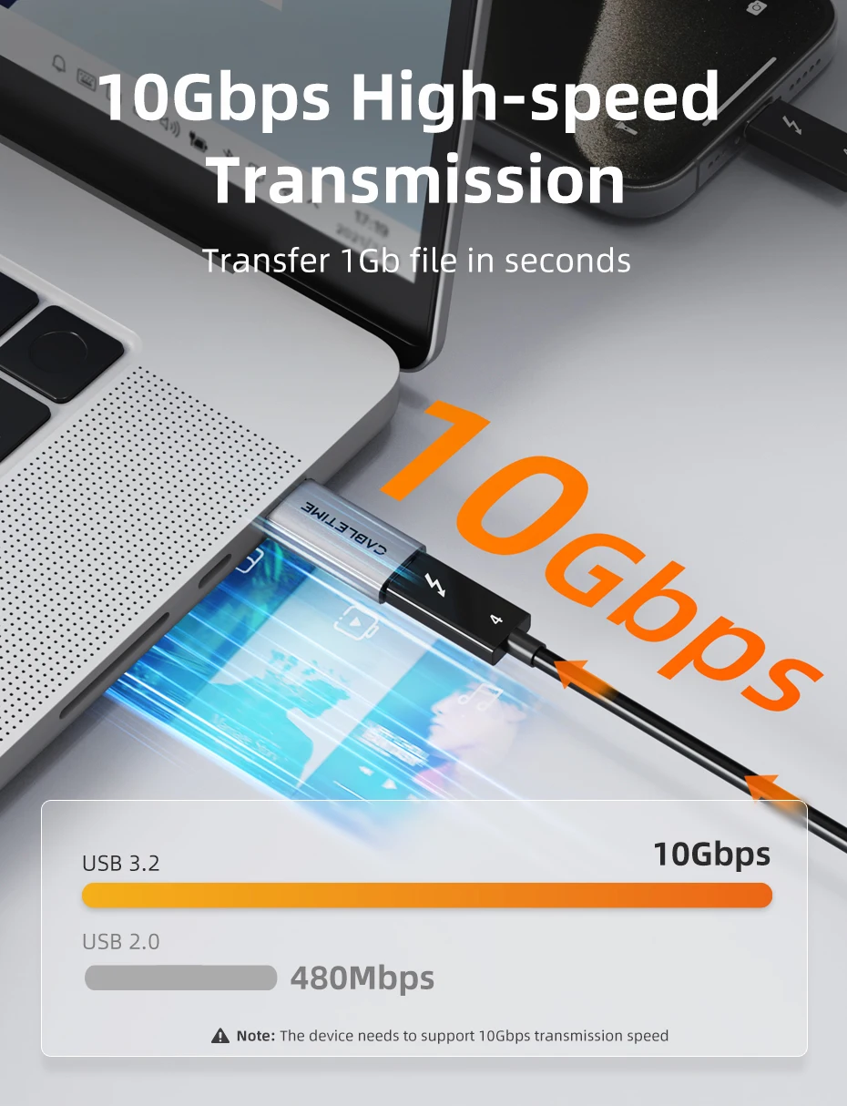 CABLETIME 10 Gbit/s USB-auf-Typ-C-OTG-Adapter Gen 2 Hochgeschwindigkeits-Datenübertragung USB-C-Stecker auf A-Buchse für MacBook Pro iPhone 16 iPad – Detail 14