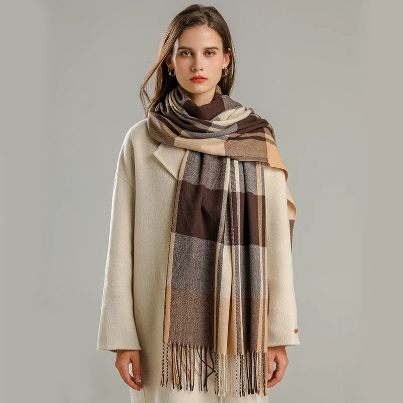 Luxurious Warm Cashmere Plaid Scarf - Fashionable Winter Pashmina Shawl with Tassel