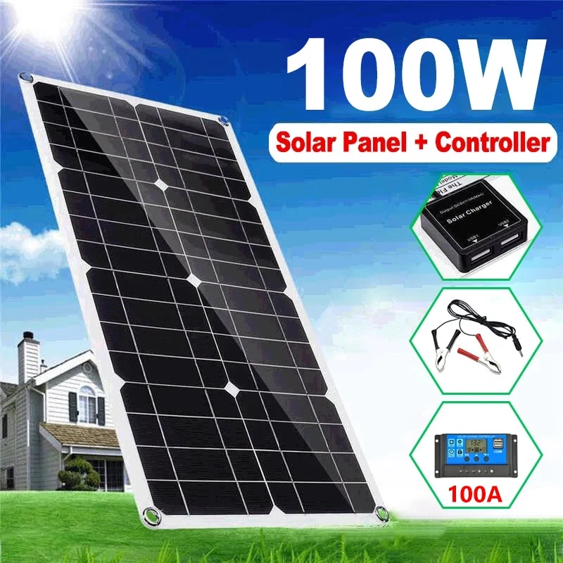 

100W Solar Panel 12V Battery Charger Kit 100A Controller For Caravan Van Boat Dual USB