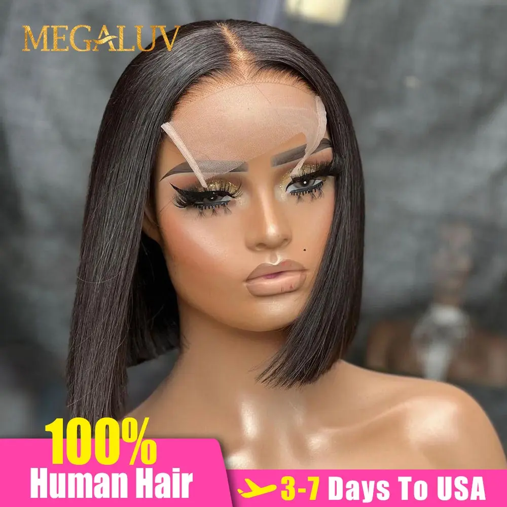 

Straight Human Hair Wigs Short Bob Wig 4x4 Lace Closure Wig Preplucked With Baby Hair Brazilian Pixie Cut Bob T Part Lace Wig