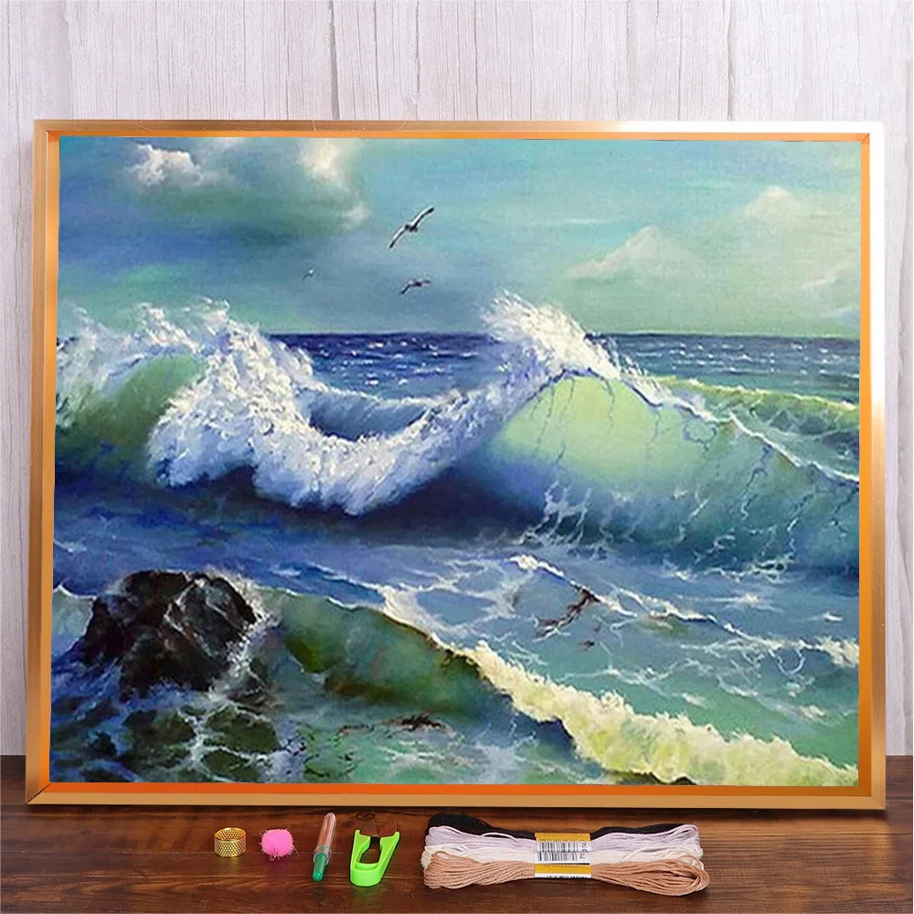 Seascape Wave Pre-printed Cross Stitch Kit Easy Pattern Stamped Fabric Cotton Thread Embroidery Adults Handicrafts Gift cross stitch kit
