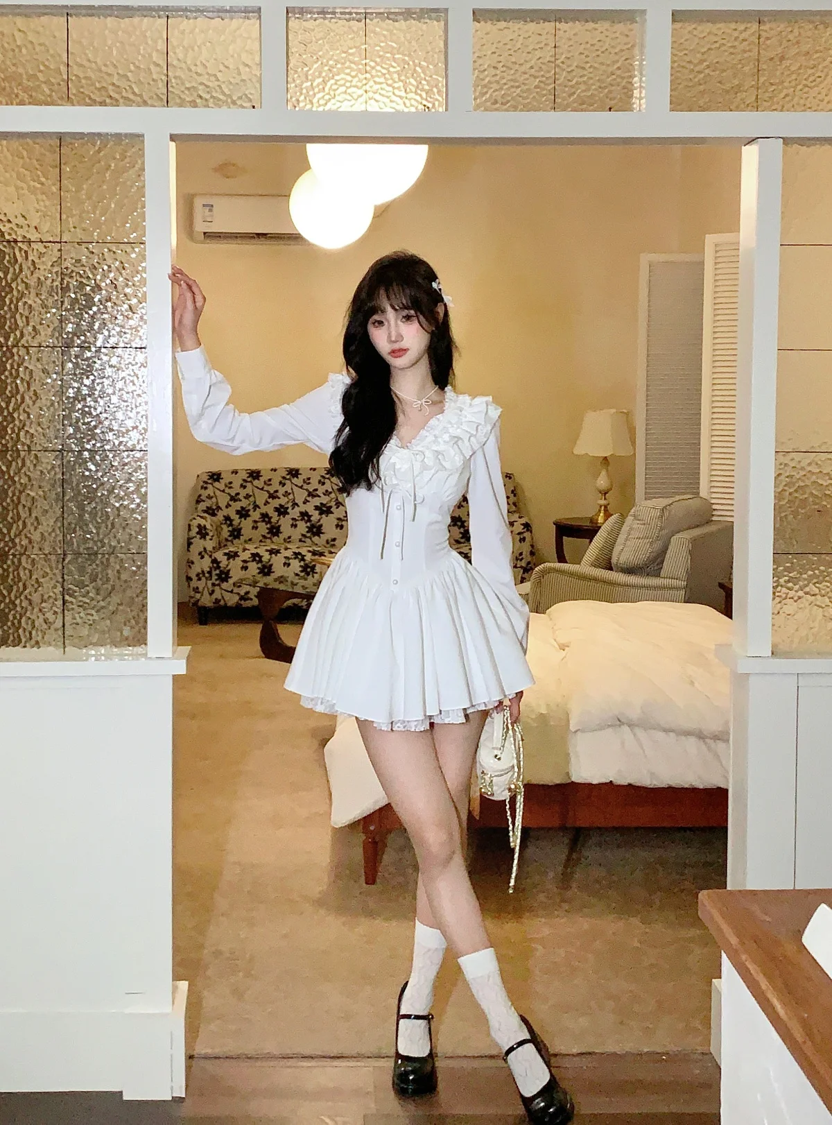 Elegant White Short Dresses for Women Lace Ruffles V-neck A-line Birthday Party Dress Korean Korean Y2K One Piece Mini Vestido