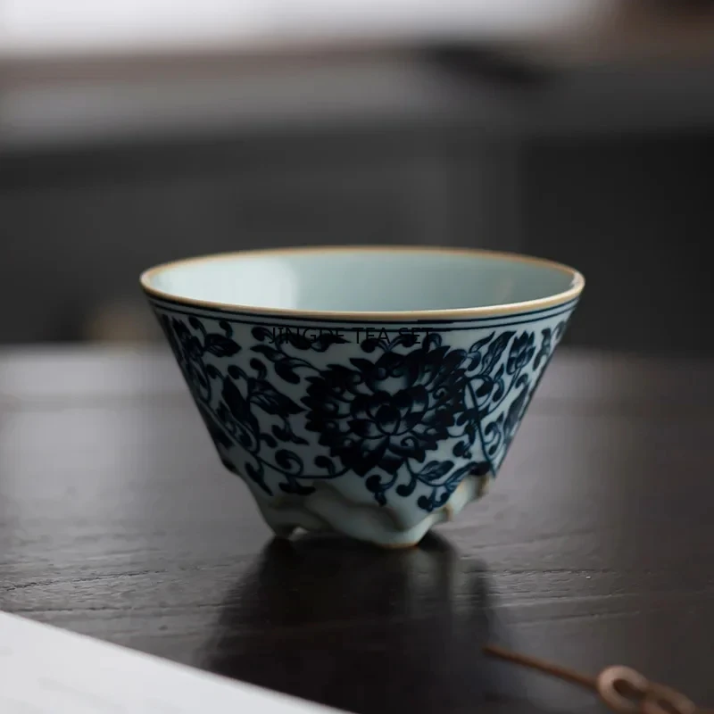 1 80ml Chinese retro blue and white ceramic tea cup handmade Ru kiln tea bowl household travel tea set