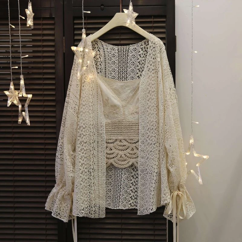 Women Lace Kimono Cardigan Summer Holiday Beach Long Boho Cardigan Korean Sweet Ladies Girls Long Sleeve Beige Lace Shirts Tops