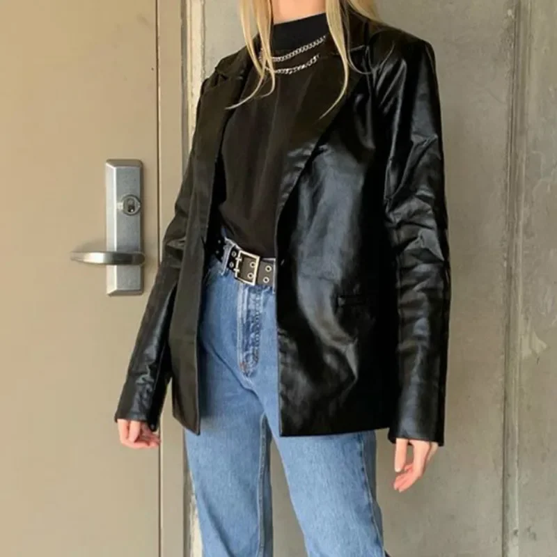 Black Pu Leather Jacket Zipper Button Pocket Coat Female Long Sleeves Casual Outerwear Women Autumn Winter Fashion y2k Jacket