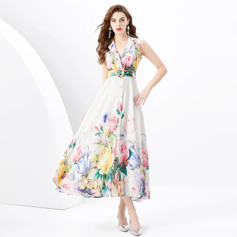 

2024 Deep V-Neck Women's Dress Sleeveless Sexy Dresses Retro Printing Clothing Long Vestidos Holiday Party Occasions Clothes