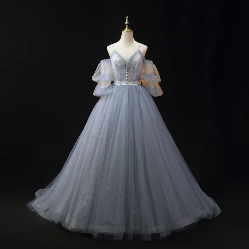 

SunnyBridal, 2023 г., Длинные Сексуальные вечерние платья из анилированного тюля с V-образным вырезом, открытыми плечами, длинными рукавами-фонариками, Формальные платья для вечеринок