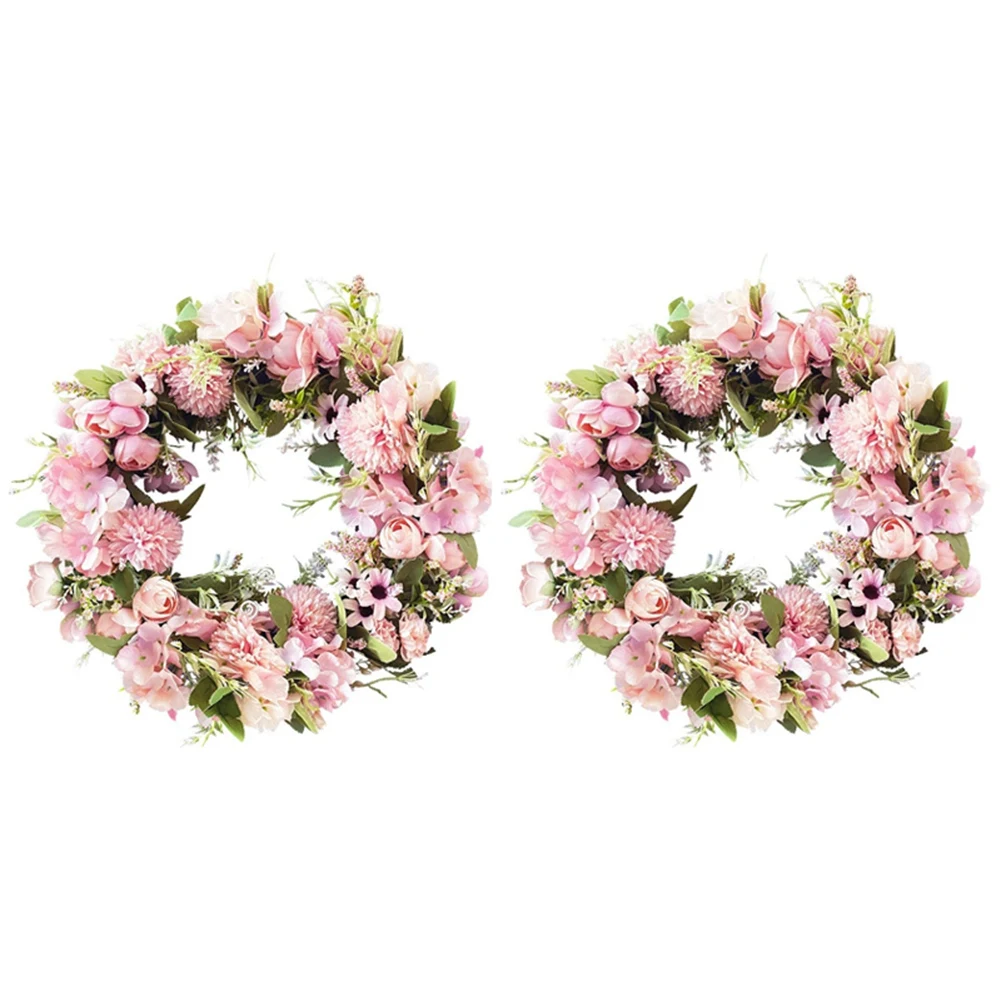 

2X Realistic Handmade Pink Wreaths for Front Door, Window, Wedding, Wall Home Decor -17Inch Artificial Door Wreaths