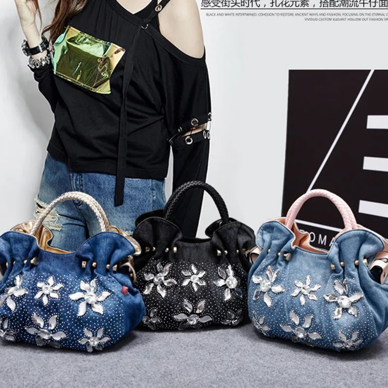 Bolsos de mezclilla de lujo para mujer, carteras de alta calidad con patrón  azul dulce, bolso de mano con diamantes, bolso de mensajero