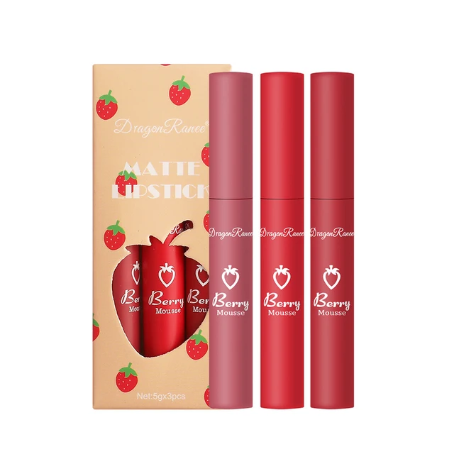 57198-68886f.jpg 3 pcs Strawberry Lip Glaze Set Velvet Matte Liquid Lipstick Lipstick Non stick Cup