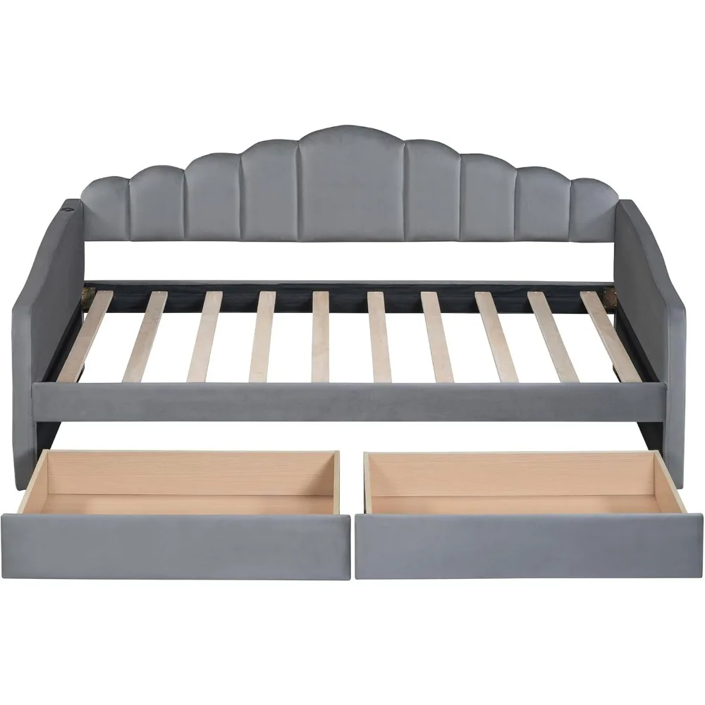Elegant Twin Size Upholstered Daybed with 2 Drawers and USB Charging Ports, No Box-Spring Needed (Gray) Children's Sofas 4