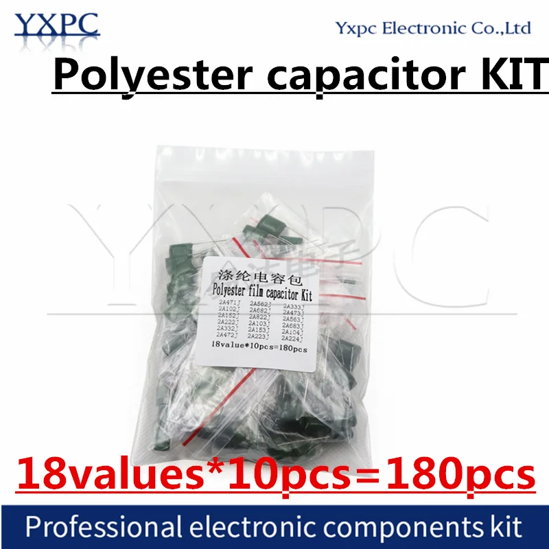 18value*10pcs=180pcs Polyester film capacitor Assorted Kit 2A471J 2A102J 2A103J 2A222J 2A332J 2A472J 2A562J 2A682J 2A104J