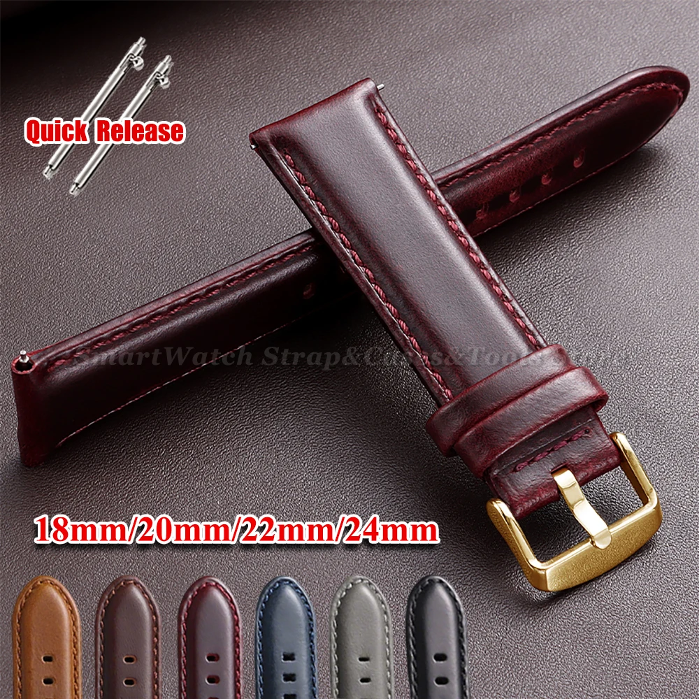 Elegant Genuine Leather Watch Strap - Quick Release Wristband in Black, Brown, Blue, Grey (Multiple Sizes Available)