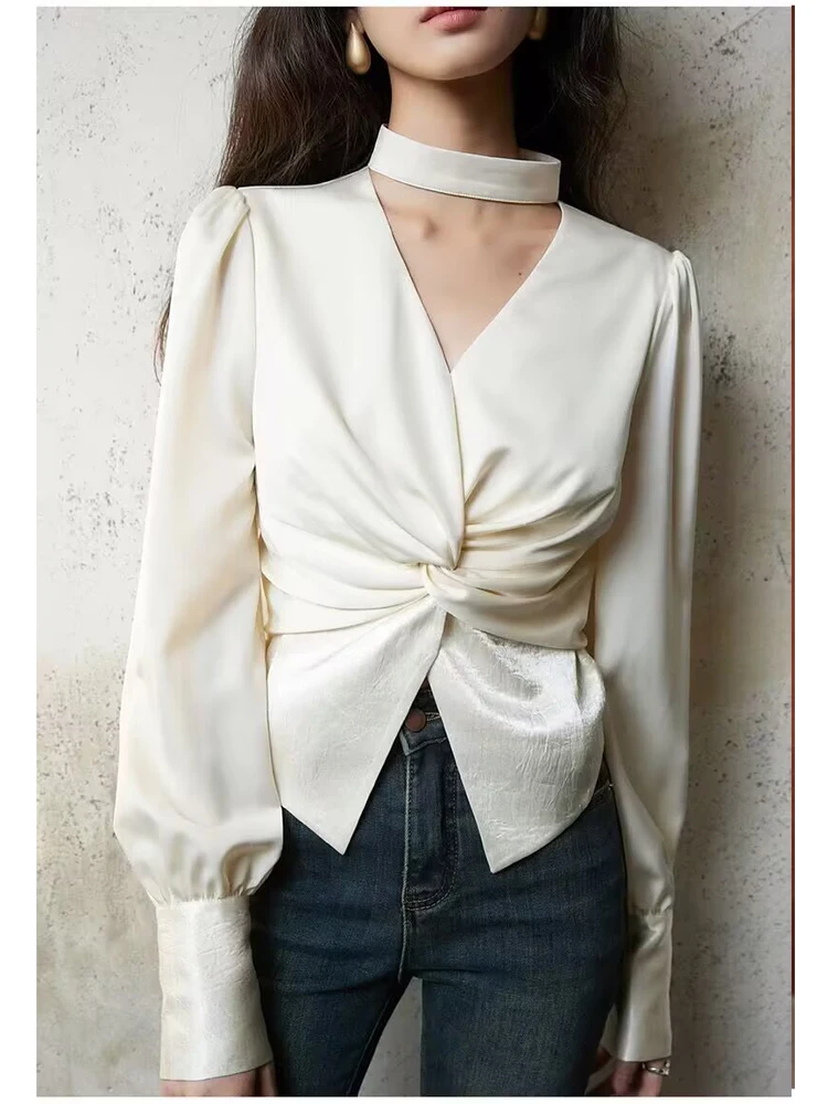 V Neck Halter Women Shirt 2026 Spring New Waist-Cinching Splice Blouse Woman Tops Long Sleeve Loose Elegant Blouses Top ﻿ ﻿