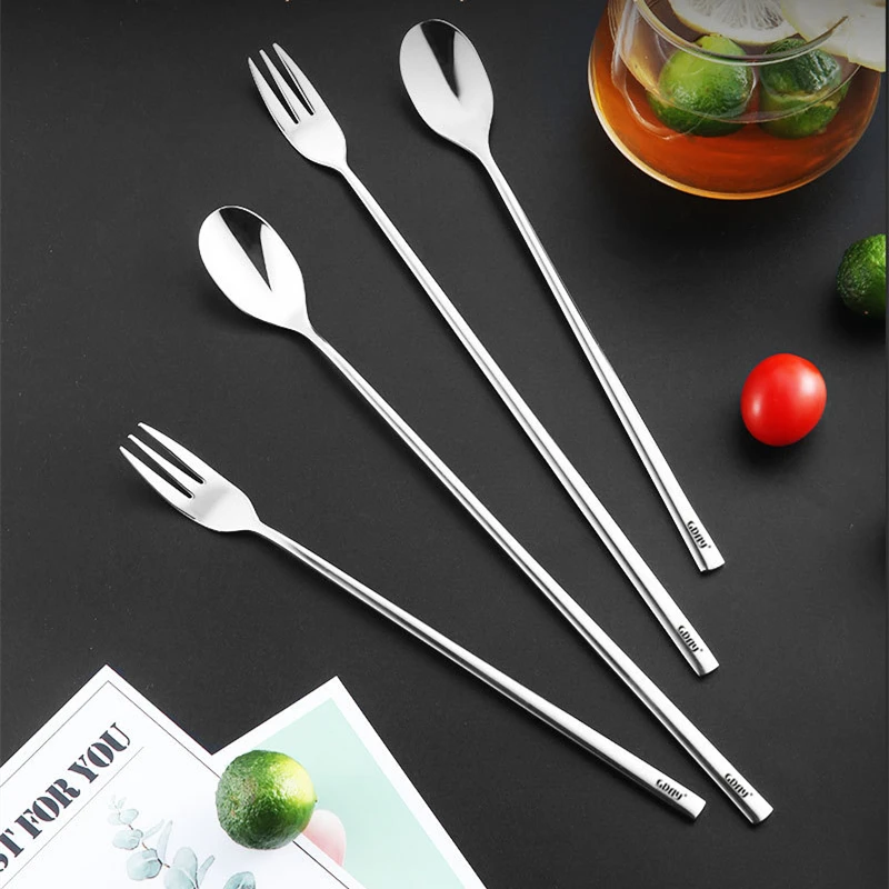 Description Picture 2 of item304 Stainless Steel Tea Spoon Long Handle Cocktail Coffee Ice Cream Stirring Scoop Dessert Fork Kitchen Tableware Bar Tools