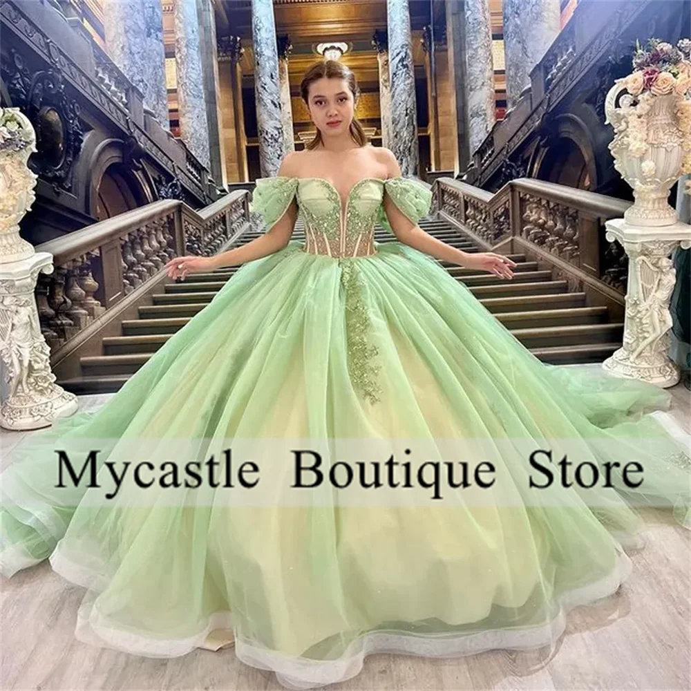 

Glittering Green Sweetheart Quinceanera Dresses Ball Gown 2023 Off Shoulder Beading Appliqué Sweet 16 Dress Vestidos De 15 Anos