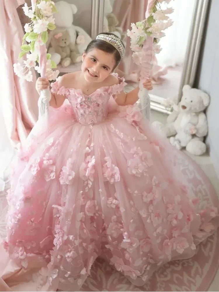 Flower Girl Dresses Pink 3d Applique Flower Girl Dress For Wedding Off Shoulder Luxurious Pearls Tulle Child First Eucharistic Birthday Party Dress