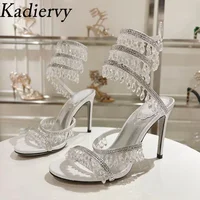 Sandales gladiateur à talons hauts pour femmes, sexy, chaîne de cristal, perles, salle, ficelle autour, sangle de rinçage, chaussures de mariage, sandales d'été 4