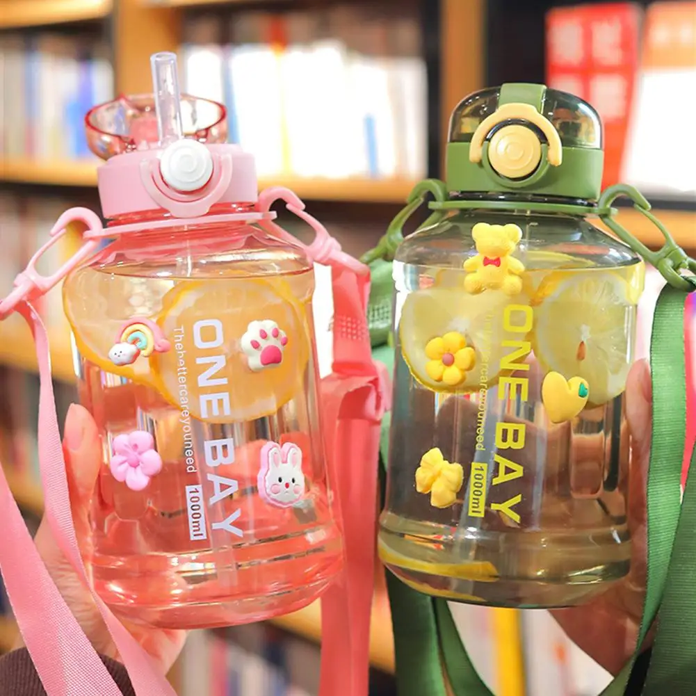 

Outdoor Portable Water Cup With Rope 1000ml Large-capacity Leakproof Sports Water Bottle Drink Kettle With Straws Colorful